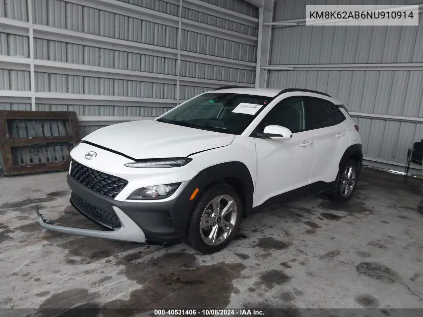 2022 Hyundai Kona Sel VIN: KM8K62AB6NU910914 Lot: 40531406