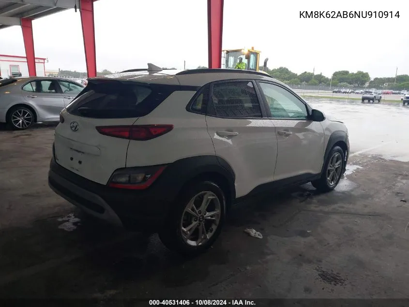 2022 Hyundai Kona Sel VIN: KM8K62AB6NU910914 Lot: 40531406