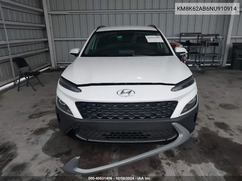 2022 Hyundai Kona Sel VIN: KM8K62AB6NU910914 Lot: 40531406