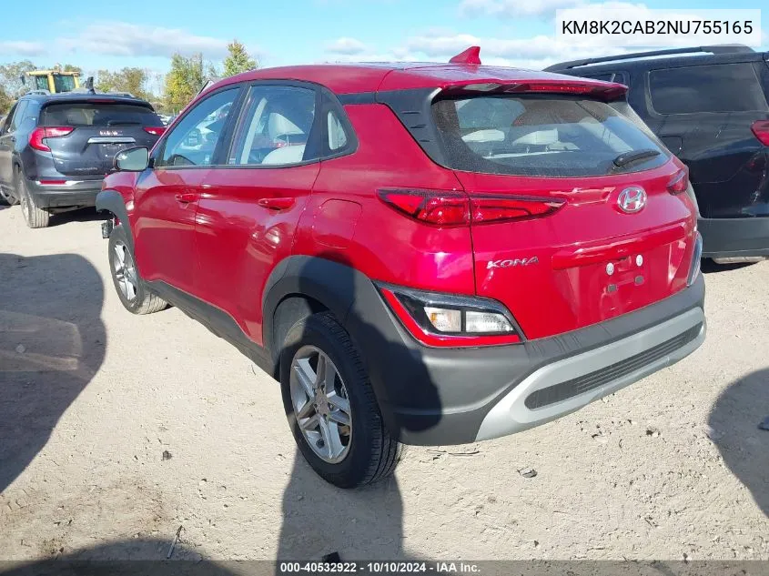 2022 Hyundai Kona Se VIN: KM8K2CAB2NU755165 Lot: 40532922