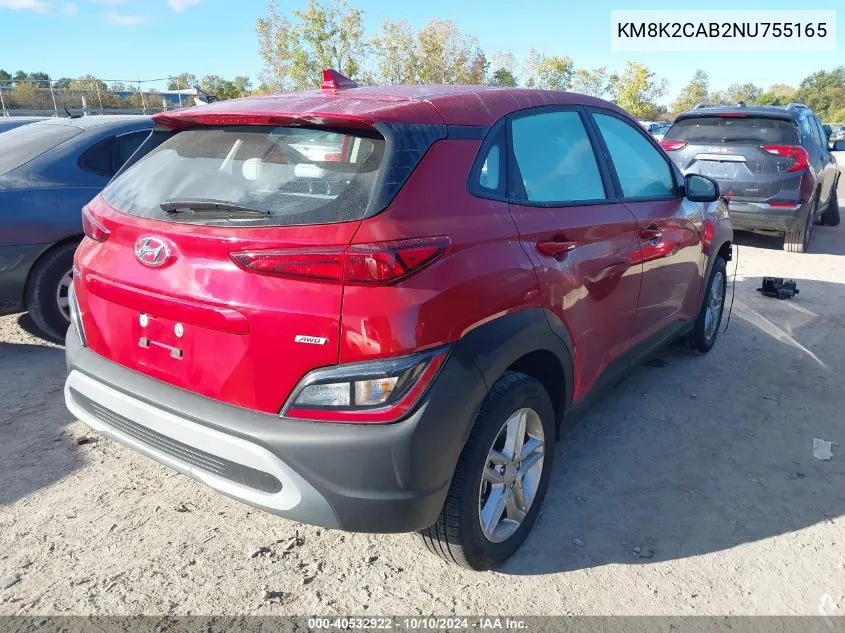 2022 Hyundai Kona Se VIN: KM8K2CAB2NU755165 Lot: 40532922