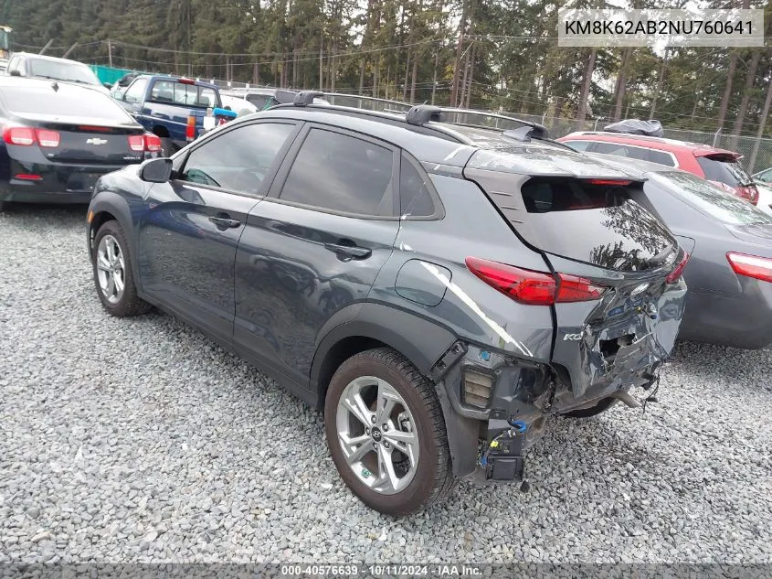 2022 Hyundai Kona Sel VIN: KM8K62AB2NU760641 Lot: 40576639