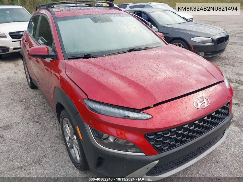 2022 Hyundai Kona Sel VIN: KM8K32AB2NU821494 Lot: 40582248