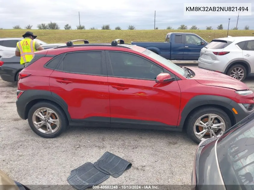 2022 Hyundai Kona Sel VIN: KM8K32AB2NU821494 Lot: 40582248