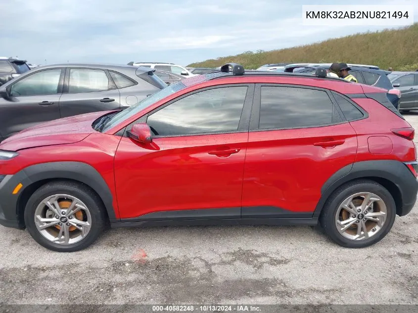 2022 Hyundai Kona Sel VIN: KM8K32AB2NU821494 Lot: 40582248