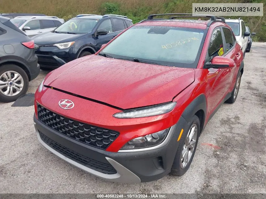 2022 Hyundai Kona Sel VIN: KM8K32AB2NU821494 Lot: 40582248