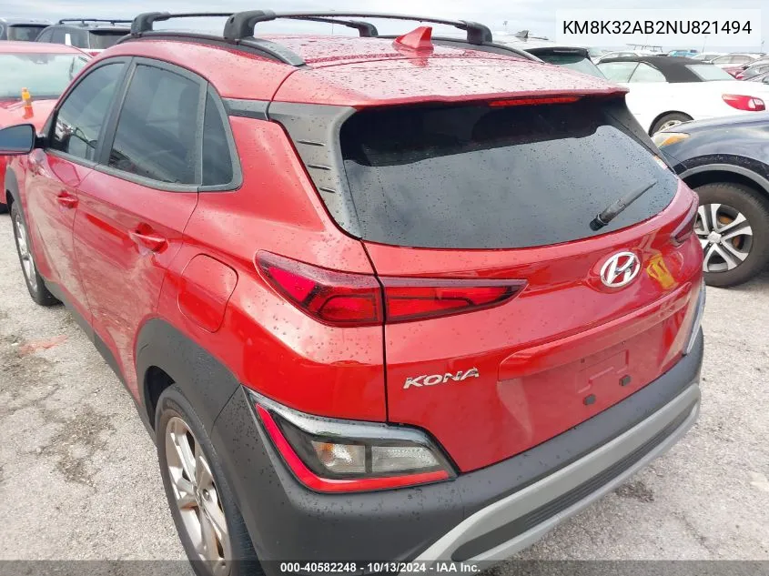 2022 Hyundai Kona Sel VIN: KM8K32AB2NU821494 Lot: 40582248