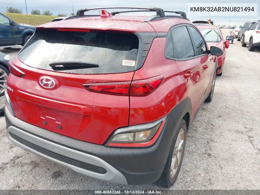 2022 Hyundai Kona Sel VIN: KM8K32AB2NU821494 Lot: 40582248