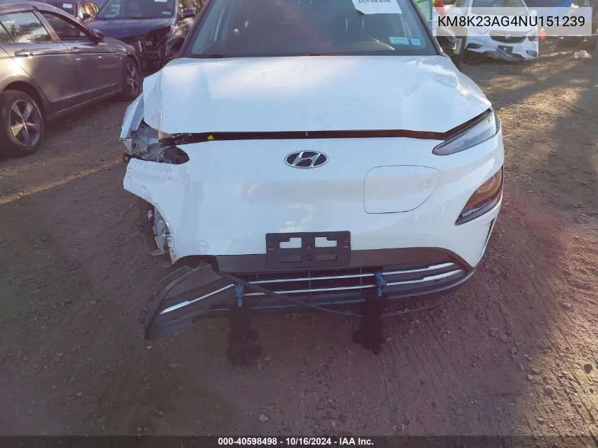 2022 Hyundai Kona Electric Sel VIN: KM8K23AG4NU151239 Lot: 40598498