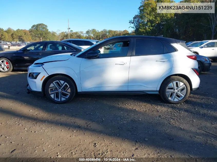 2022 Hyundai Kona Electric Sel VIN: KM8K23AG4NU151239 Lot: 40598498