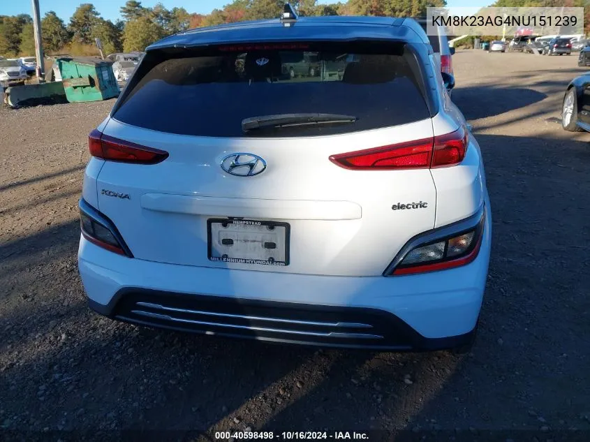 2022 Hyundai Kona Electric Sel VIN: KM8K23AG4NU151239 Lot: 40598498