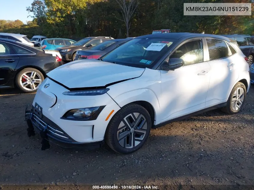 2022 Hyundai Kona Electric Sel VIN: KM8K23AG4NU151239 Lot: 40598498