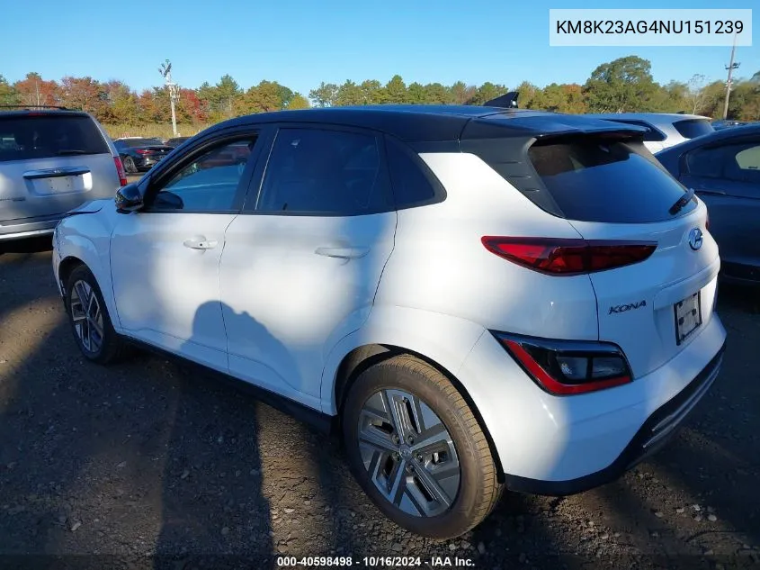 2022 Hyundai Kona Electric Sel VIN: KM8K23AG4NU151239 Lot: 40598498