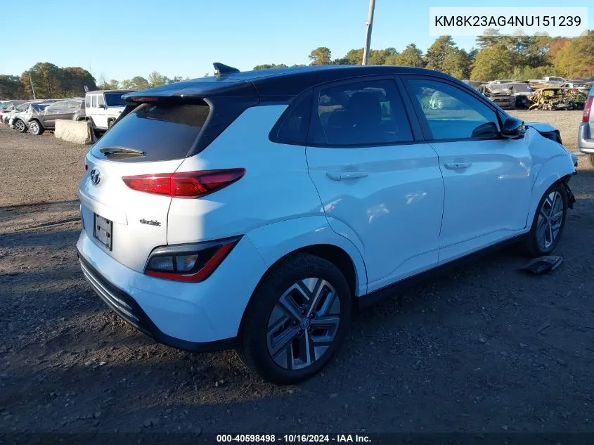 2022 Hyundai Kona Electric Sel VIN: KM8K23AG4NU151239 Lot: 40598498