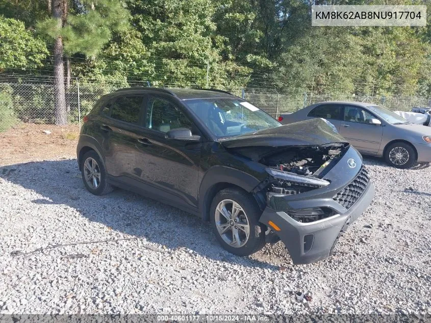 2022 Hyundai Kona Sel VIN: KM8K62AB8NU917704 Lot: 40601177