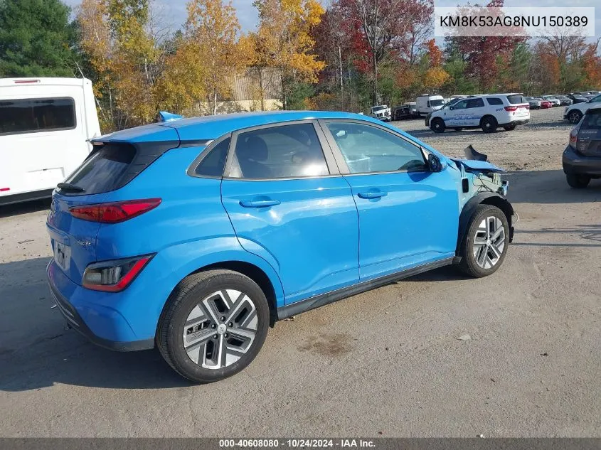 2022 Hyundai Kona Electric Limited VIN: KM8K53AG8NU150389 Lot: 40608080