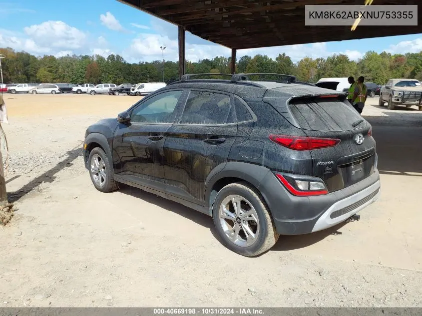 2022 Hyundai Kona Sel VIN: KM8K62ABXNU753355 Lot: 40669198