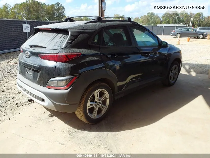 2022 Hyundai Kona Sel VIN: KM8K62ABXNU753355 Lot: 40669198