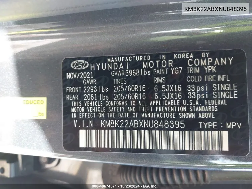 KM8K22ABXNU848395 2022 Hyundai Kona Se