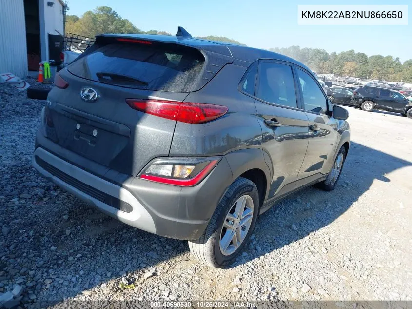 2022 Hyundai Kona Se VIN: KM8K22AB2NU866650 Lot: 40690530