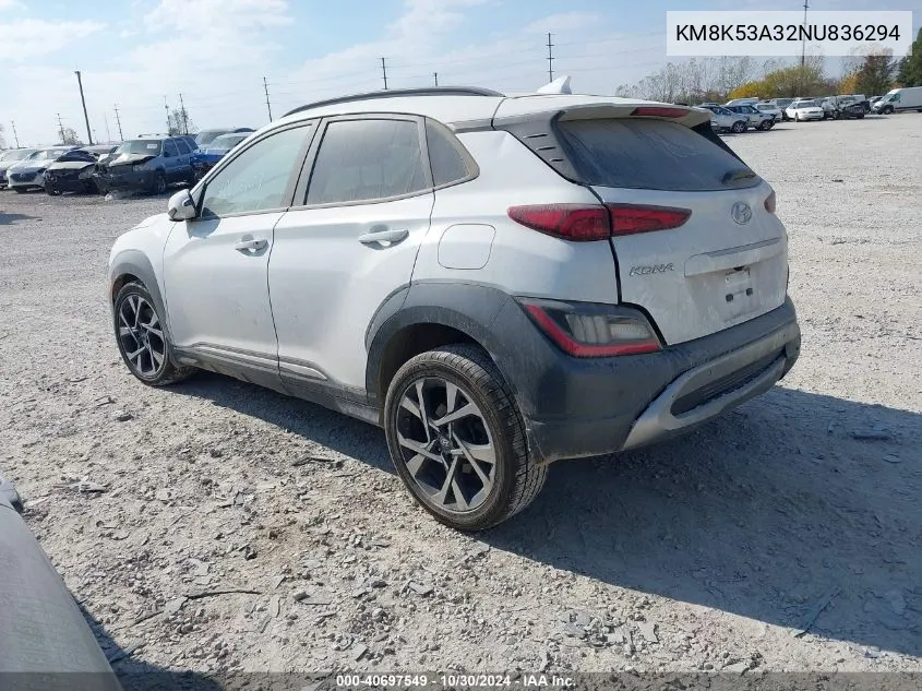 2022 Hyundai Kona Limited VIN: KM8K53A32NU836294 Lot: 40697549