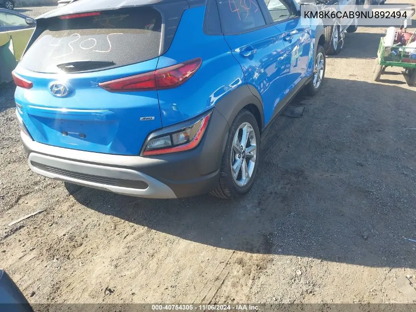 2022 Hyundai Kona Sel VIN: KM8K6CAB9NU892494 Lot: 40754305