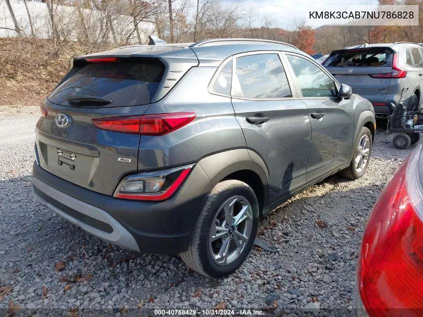 2022 Hyundai Kona Sel VIN: KM8K3CAB7NU786828 Lot: 40758429