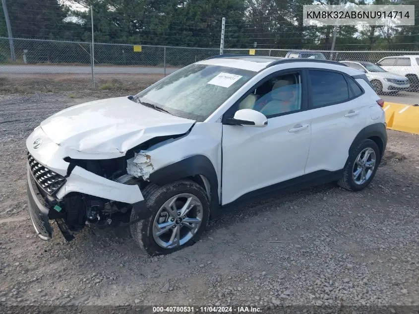 2022 Hyundai Kona Sel VIN: KM8K32AB6NU914714 Lot: 40780531