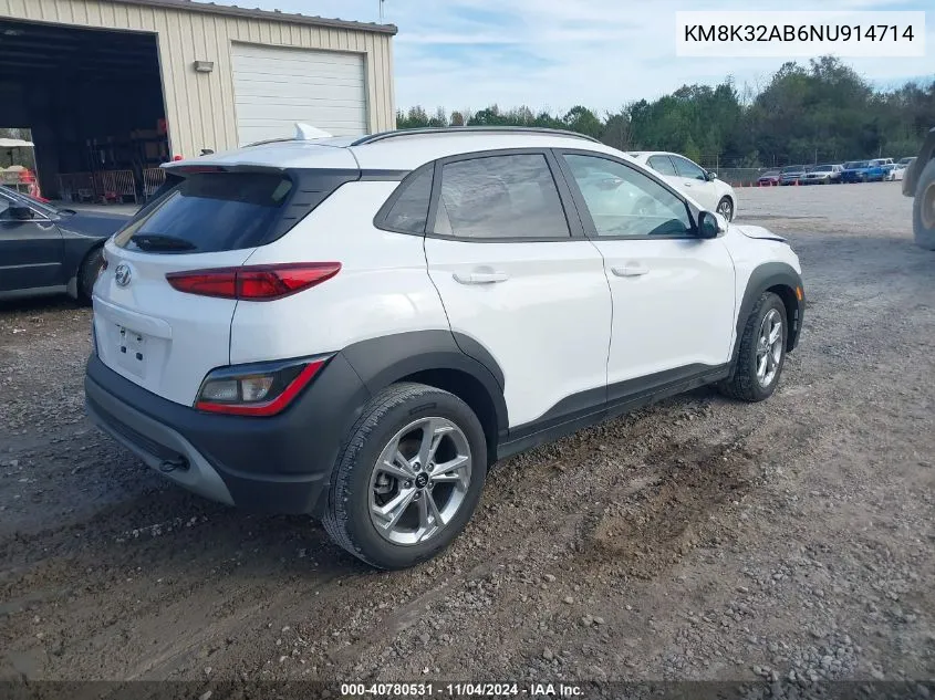 2022 Hyundai Kona Sel VIN: KM8K32AB6NU914714 Lot: 40780531