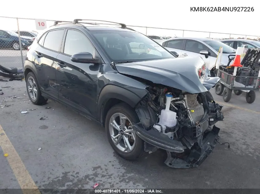 2022 Hyundai Kona Sel VIN: KM8K62AB4NU927226 Lot: 40791401