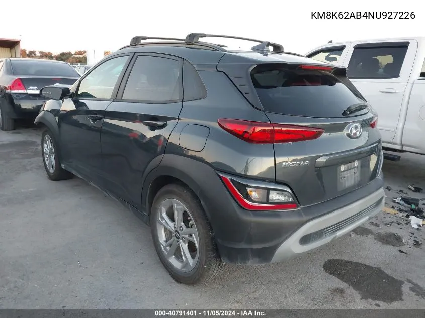 2022 Hyundai Kona Sel VIN: KM8K62AB4NU927226 Lot: 40791401