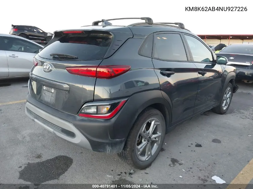 2022 Hyundai Kona Sel VIN: KM8K62AB4NU927226 Lot: 40791401