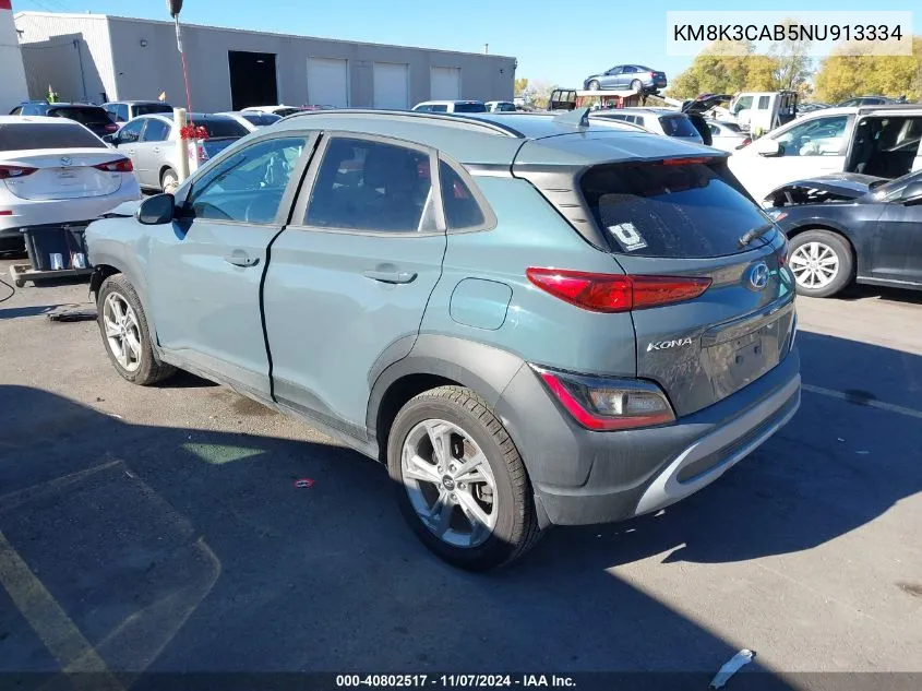 2022 Hyundai Kona Sel VIN: KM8K3CAB5NU913334 Lot: 40802517