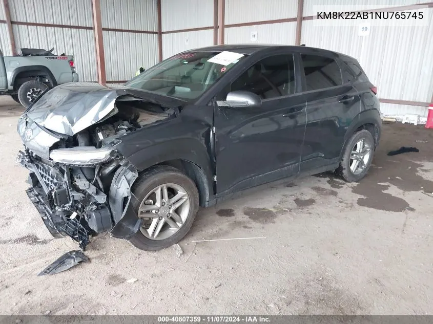 2022 Hyundai Kona Se VIN: KM8K22AB1NU765745 Lot: 40807359