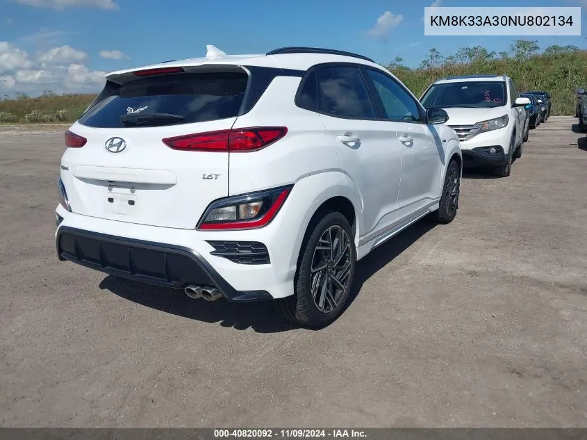 2022 Hyundai Kona N Line VIN: KM8K33A30NU802134 Lot: 40820092