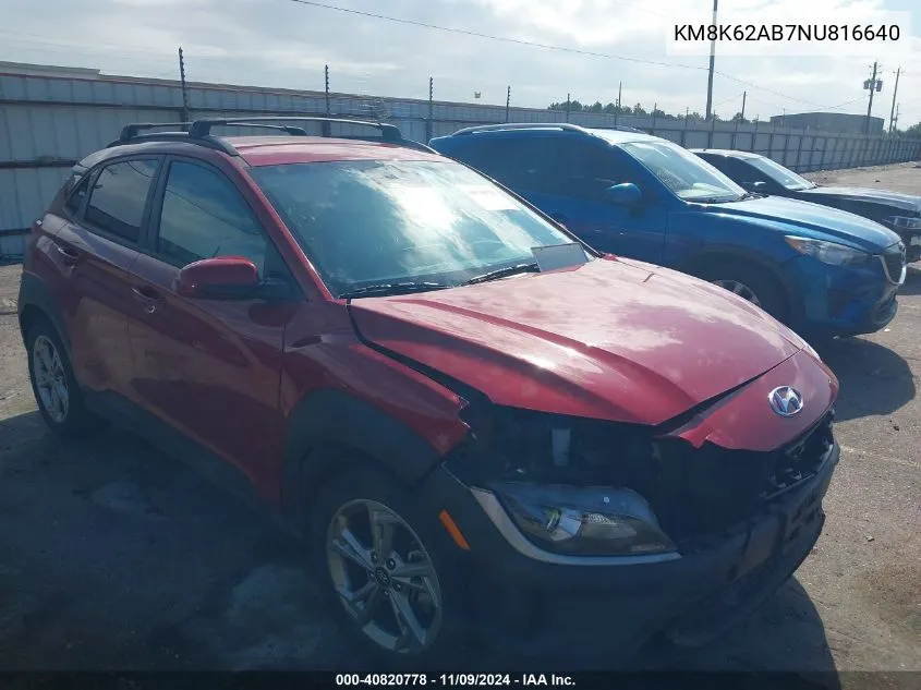 2022 Hyundai Kona Sel VIN: KM8K62AB7NU816640 Lot: 40820778