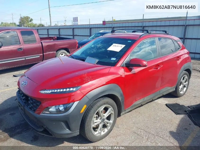 2022 Hyundai Kona Sel VIN: KM8K62AB7NU816640 Lot: 40820778