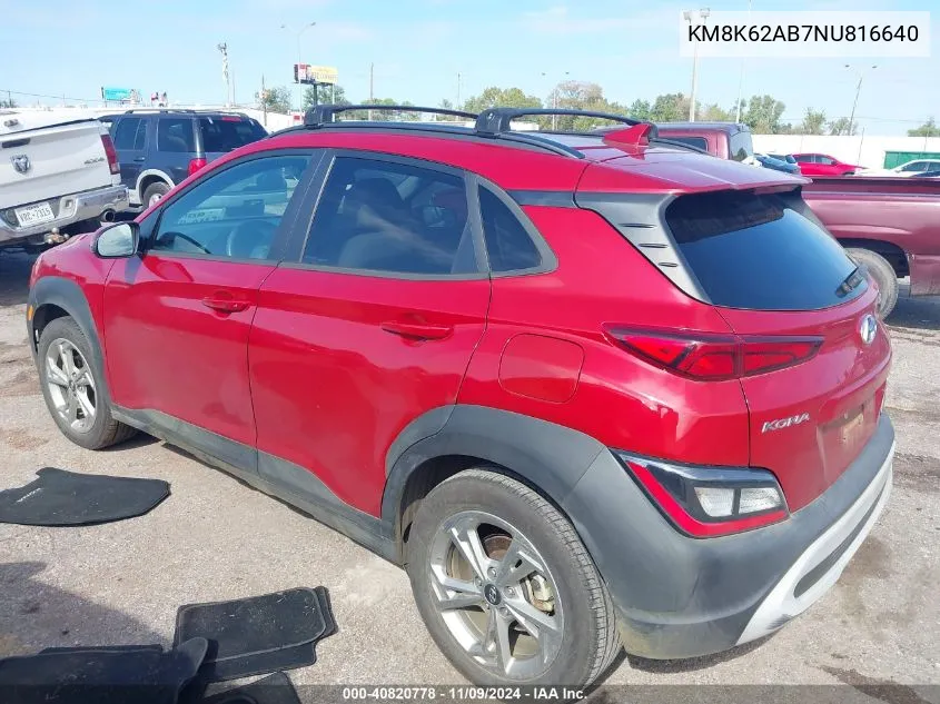 2022 Hyundai Kona Sel VIN: KM8K62AB7NU816640 Lot: 40820778