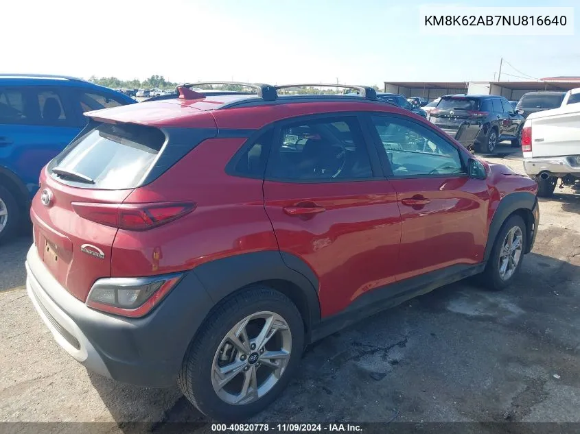 2022 Hyundai Kona Sel VIN: KM8K62AB7NU816640 Lot: 40820778