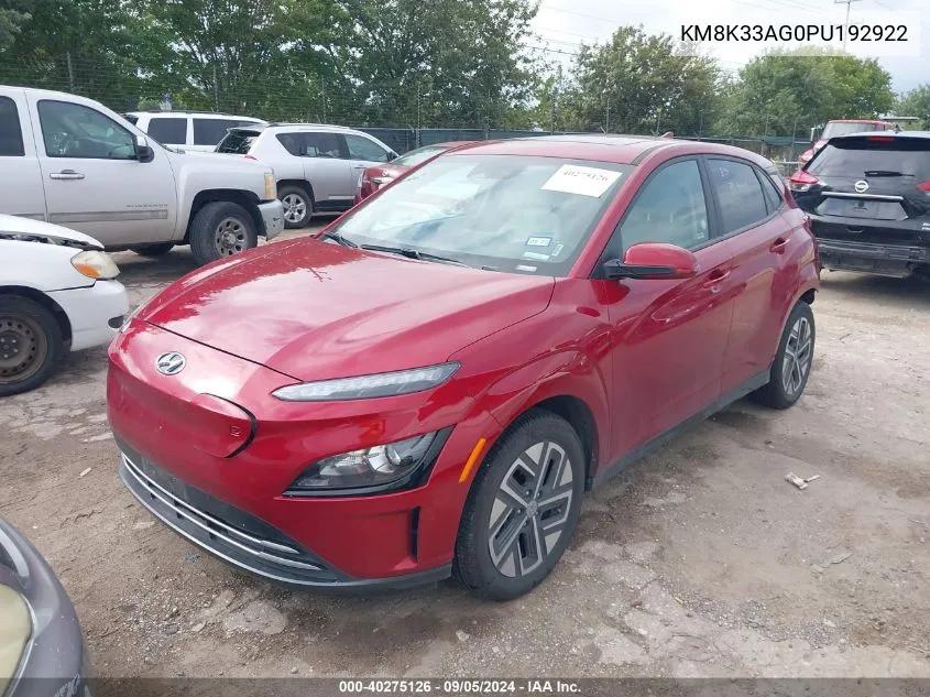 2023 Hyundai Kona Electric Sel VIN: KM8K33AG0PU192922 Lot: 40275126