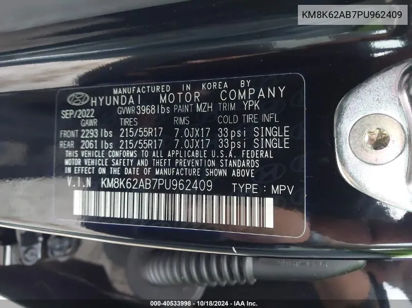 KM8K62AB7PU962409 2023 Hyundai Kona Sel