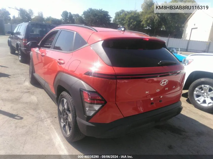 2024 Hyundai Kona Sel VIN: KM8HB3AB8RU116319 Lot: 40035290