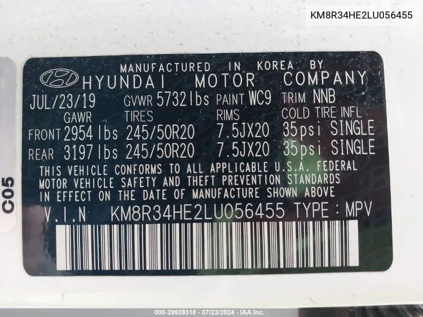 KM8R34HE2LU056455 2020 Hyundai Palisade Sel