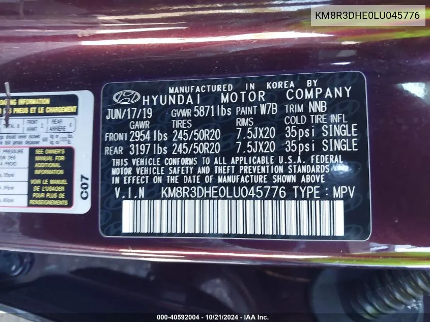 KM8R3DHE0LU045776 2020 Hyundai Palisade Sel