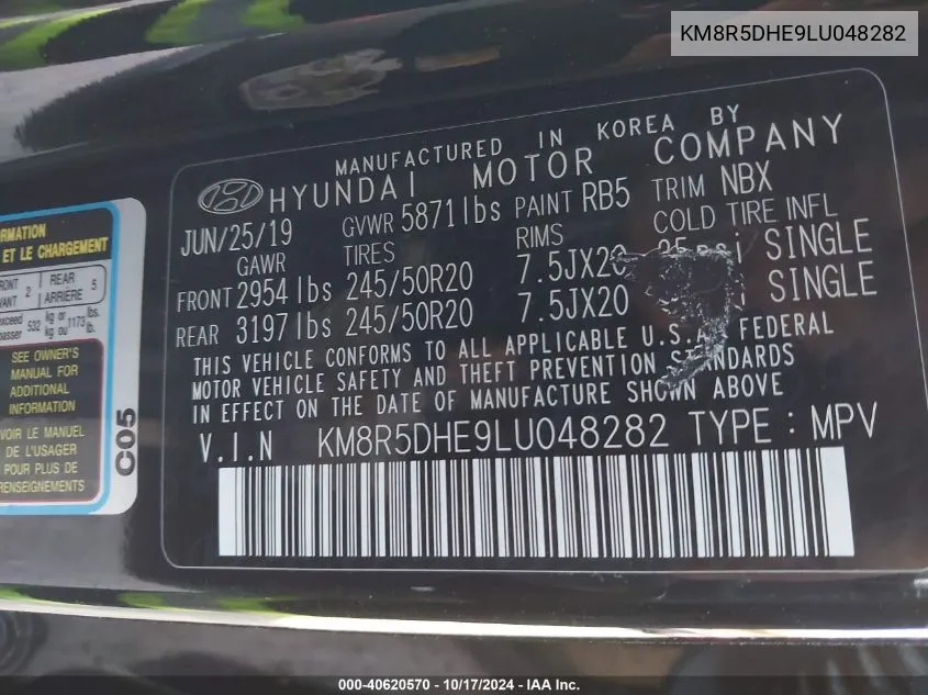 2020 Hyundai Palisade Limited VIN: KM8R5DHE9LU048282 Lot: 40620570