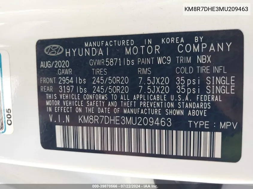 KM8R7DHE3MU209463 2021 Hyundai Palisade Calligraphy