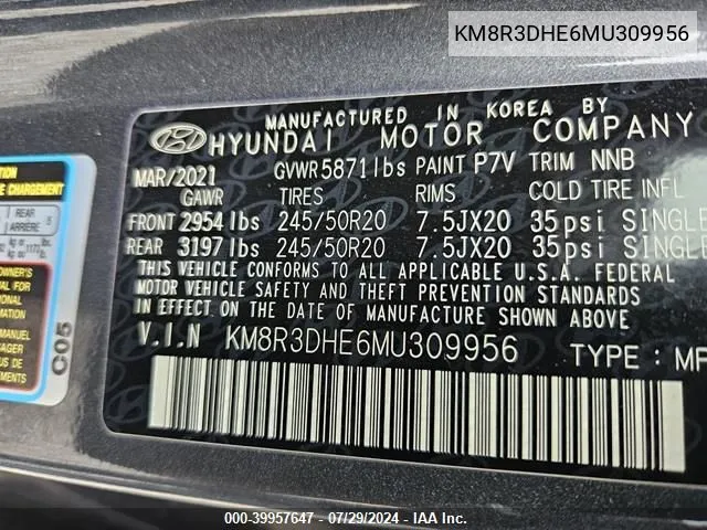 KM8R3DHE6MU309956 2021 Hyundai Palisade Sel