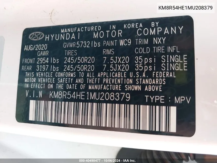 2021 Hyundai Palisade Limited VIN: KM8R54HE1MU208379 Lot: 40498477