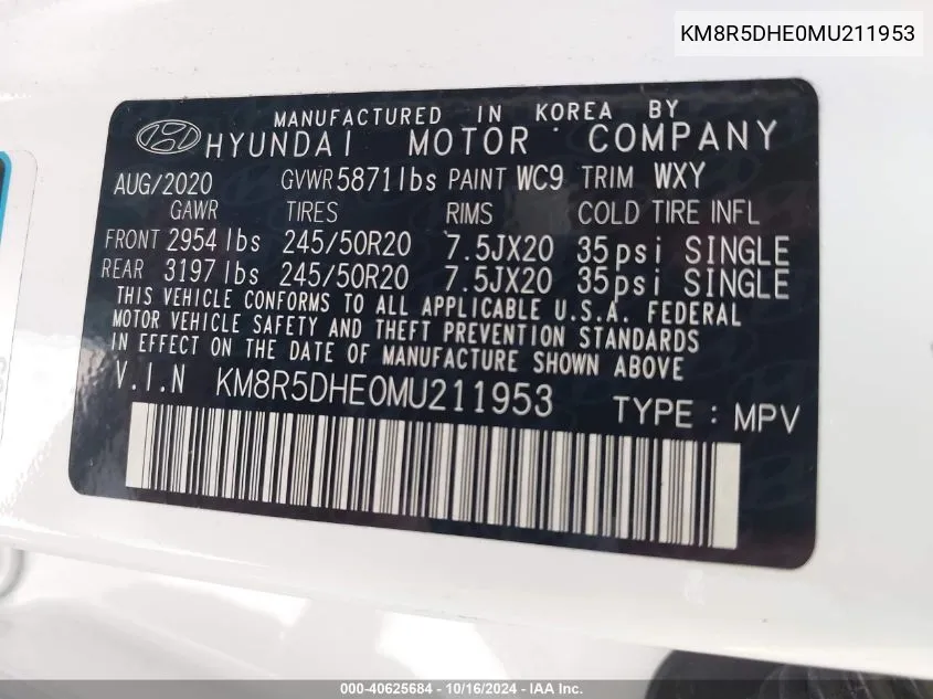 2021 Hyundai Palisade Limited VIN: KM8R5DHE0MU211953 Lot: 40625684