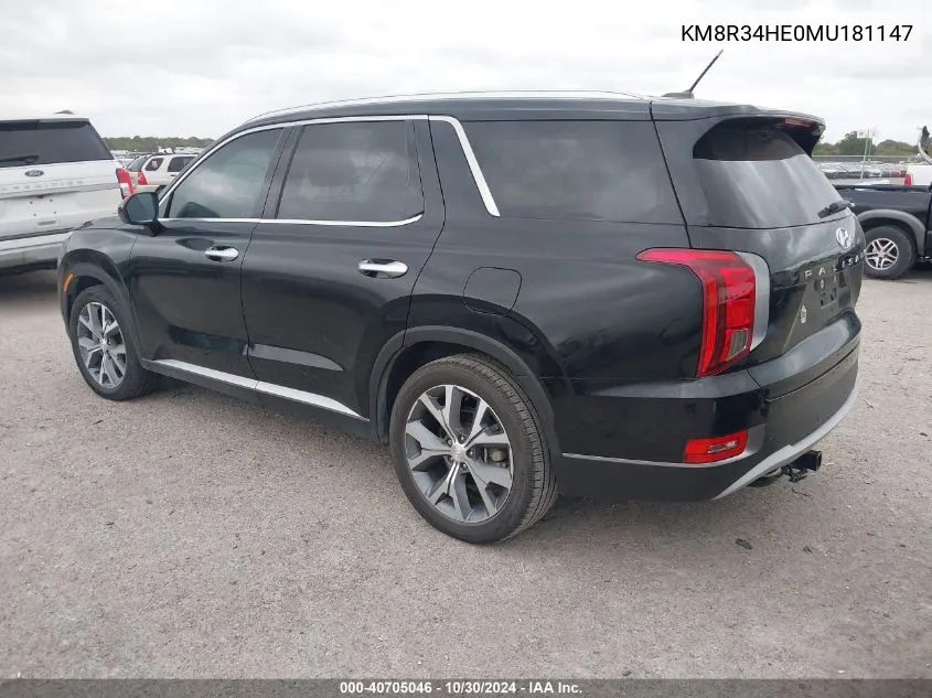 2021 Hyundai Palisade Sel VIN: KM8R34HE0MU181147 Lot: 40705046